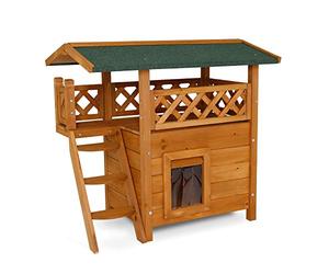 lionto Casa per gatti con terrazza e scala, rifugio da esterno in legno resistente 77x50x73 cm, protegge dalle intemperie con lamelle in PVC antivento, include istruzioni di montaggio, marrone