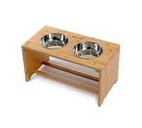 lionto Ciotole rialzate per Cani Postazione di alimentazione per Cani Portaciotole per Animali domestici in Bambù 2 Ciotole in acciaio inossidabile antiscivolo, (L) 50x26x26 cm