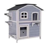 lionto Villa per gatti in legno di abete con tetto in bitume per interni ed esterni, casetta su 2 piani con scalini 80x55x90 cm, tenda a lamelle e finestra, adatta anche a gatti grandi, grigio/bianco