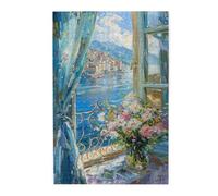 Liorosa 1000 pezzi di finestra puzzle in legno per adulti, opera d'arte di vista del porto inondata dal sole, estetica dai colori tenui stile pittura a olio, pezzi si adattano perfettamente, per gli