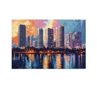 Liorosa 1000 pezzi di puzzle in legno per adulti con tramonto urbano panorama, cielo rosso chiaro e viola sopra lo skyline con riflessi d'acqua perfetti, relax profondo per te stesso, regalo adatto
