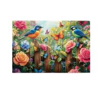 Liorosa 1000 pezzi di puzzle in legno per adulti sonata boschiva - uccelli blu appollaiati su una recinzione rustica tra rose in fiore, pezzi si adattano perfettamente, profondo relax per te stesso