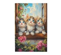 Liorosa 1000 pezzi di puzzle in legno per adulti: tre gattini grigi sul davanzale rustico, hobby esplorativi e sfide, divertente animale domestico, design vivace, completo di famiglia e amici