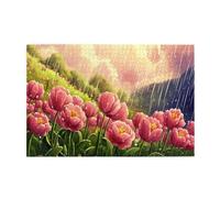 Liorosa 1000 pezzi vibranti puzzle tulipani baciati dalla pioggia, fiori vivaci con gocce d'acqua di cristallo nella doccia primaverile, ogni pezzo è unico, profondo relax per te, splendida opera