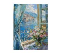 Liorosa 500 pezzi di finestra puzzle in legno per adulti, opera d'arte di vista del porto inondata dal sole, estetica dai colori tenui stile pittura a olio, pezzi si adattano perfettamente, per gli