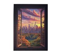 Liorosa 500 pezzi di puzzle in legno per adulti con cornice Metropolis, sagome a vita alta dietro gli alberi attraverso una finestra invecchiata, splendida opera d'arte, ideale per rilassarsi e