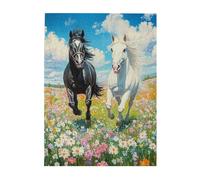 Liorosa 500 pezzi puzzle vibrante balletto pascolo - cavalli bianchi e neri con criniera fluente nella valle piena di fiori, puzzle in legno natura animali, design vivace, per gli amanti degli animali