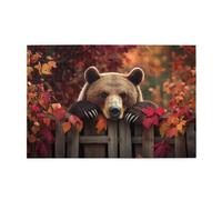 Liorosa Autunno Orso 1000 pezzi di puzzle in legno per adulti, maestoso orso marrone con zampe su recinzione in legno tra foglie autunnali, design vivace e unico, completo di famiglia e amici