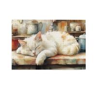 Liorosa Cozy Kitchen Companion, puzzle in legno da 1000 pezzi, gatto bianco addormentato tra barattoli in ceramica vintage, design vivace, piacere sia per corpo che per mente, regali per amici e