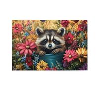 Liorosa Curious Raccoon In Bloom - Puzzle da 1000 pezzi per adulti, animale giocoso che sbircia dal barile nel giardino dei fiori arcobaleno, allevia lo stress, regalo per amici e familiari