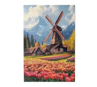 Liorosa Dutch Dream, puzzle in legno da 1000 pezzi, per adulti, mulino a vento tra tulipani arcobaleno, puzzle in legno con paesaggi di campagna, completo di famiglia e amici, esercitare abilità