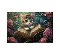 Liorosa Enchanted Garden Scene 1000 pezzi puzzle per adulti, gattino che legge un libro antico circondato da rose rosse chiare e farfalle, meravigliosa immaginazione, dimentica i problemi della vita