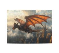 Liorosa Fantasy Metal Dragon Jigsaw Puzzle per adulti 500 pezzi, ali arancioni che volano sopra il paesaggio urbano nebbioso, puzzle artistico punk a vapore di alta qualità, montaggio pratico della