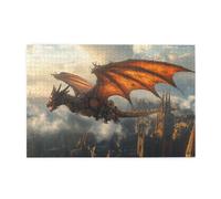 Liorosa Fantasy Metal Dragon Puzzle per adulti 1000 pezzi, ali arancioni che volano sopra il paesaggio urbano nebbioso, puzzle artistico punk a vapore di alta qualità, montaggio pratico della tua