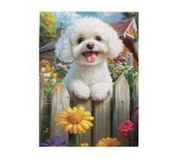 Liorosa Fluffy Garden Guardian - Puzzle da 500 pezzi, cucciolo bianco che sbircia sopra la recinzione in legno di alta qualità, arte animale in legno di alta qualità, estetica dai colori tenui