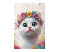 Liorosa Gattino bianco come la neve con corona di fiori arcobaleno in paesaggio sognante pastello - Puzzle per adulti 1000 pezzi, arte in legno di alta qualità, colori vivaci, design unico e bello
