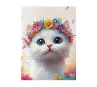 Liorosa Gattino bianco come la neve con corona di fiori arcobaleno in paesaggio sognante pastello - Puzzle per adulti 500 pezzi, arte in legno di alta qualità, colori vivaci, design unico e bello, per