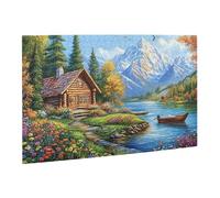Liorosa Lakeside Mountain Cabin 500 pezzi di puzzle in legno per adulti, accogliente casa di tronchi con sentiero di fiori e specchio lago contro cime innevate, design unico e bello, opera d'arte