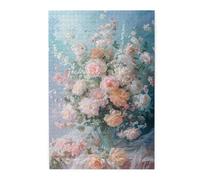 Liorosa Morbido colore estetico floreale 1000 pezzi di puzzle in legno per adulti, ogni pezzo è unico, peonie dettagliate rosso chiaro e crema su sfondo blu acquerello, regalo per un amico