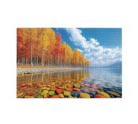 Liorosa Nature'S Kaleidoscope Puzzle per adulti 1000 pezzi, rosso fuoco e fogliame oro lungo il lago, puzzle artistico in legno Serene Lake, ogni pezzo è unico, splendida opera d'arte