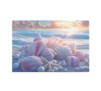 Liorosa Ocean'S Bounty Jigsaw Puzzle 1000 pezzi, conchiglie a spirale e stella marina sulla riva polverosa con cielo rosato, puzzle in legno impegnativo paesaggio marino, divertiti a risolvere i