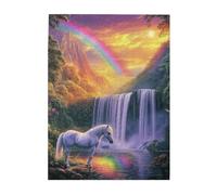 Liorosa Puzzle a cascata incantata per adulti, 500 pezzi, maestoso cavallo bianco alla cascata arcobaleno al tramonto dorato, arte fantasy in legno di alta qualità, ogni pezzo è unico, splendida opera