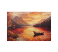 Liorosa Puzzle autunnale della serenità del lago per adulti 1000 pezzi, barca in legno solitaria su acque simili a specchi con riflessi di montagna dorata, colore tenue estetico dipinto a olio, regalo