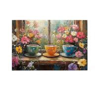 Liorosa Puzzle da 1000 pezzi con fiori e caffè, per adulti, pittura a olio, fiori da finestra, estetica classica vintage, goditi il processo di risoluzione del puzzle, dimentica i problemi della vita