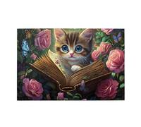 Liorosa Puzzle da 1000 pezzi con gattino curioso che legge in giardino, per adulti, libro stravagante e scena di farfalle, affascinante puzzle in legno per adulti, piacere sia per corpo che per mente