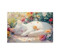 Liorosa Puzzle da 1000 pezzi di gatto bianco tranquillo circondato da fiori selvatici, divertente puzzle artistico in legno per la decorazione della casa, design vivace e unico, esercitare abilità