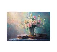 Liorosa Puzzle da 1000 pezzi in legno - Eleganza floreale natura morta, vaso con rose su libri vintage, pittura a olio con sfondo sfumato morbido, goditi il processo di risoluzione del puzzle
