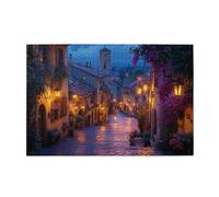 Liorosa Puzzle da 1000 pezzi per adulti al tramonto nella città medievale, divertente puzzle in legno con facciate decorate con fiori e torre dell'orologio gotica, opere d'arte mozzafiato, attività
