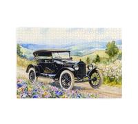 Liorosa Puzzle da 1000 pezzi per adulti - Auto d'epoca nel prato fiorito, classico roadster nero tra fiori selvatici, puzzle in legno paesaggio ad acquerello, piacere antistress