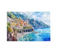 Liorosa Puzzle da 1000 pezzi per adulti città costiera mediterranea, arte acquerello vivace villaggio sulla scogliera, mare blu e ponte di pietra, attività divertenti per le vacanze con la famiglia