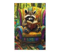 Liorosa Puzzle da 1000 pezzi per adulti con procione stravagante che legge sulla sedia dei fiori, scena di foreste vibranti, puzzle in legno per gli amanti dei libri e gli appassionati della natura
