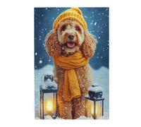 Liorosa Puzzle da 1000 pezzi per adulti con serenata di cuccioli di neve, cane soffice in maglia gialla e lanterne ghiacciate, arte invernale in legno di alta qualità, attività divertenti per le