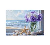 Liorosa Puzzle da 1000 pezzi per adulti - davanzale della finestra sul mare, vaso di vetro con fiori viola e bianchi vista sull'oceano, ogni pezzo è unico, profondo relax per te, regalo per amici e