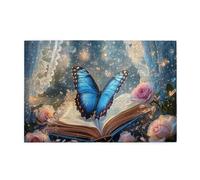 Liorosa Puzzle da 1000 pezzi per adulti libro incantato di farfalle, farfalle blu appollaiate su un antico libro con rose rosse, ideale per serate di gioco di festa, goditi il processo di risoluzione