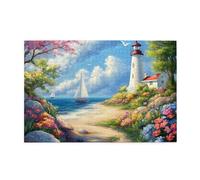 Liorosa Puzzle da 1000 pezzi per adulti porto sul mare con faro iconico, fiori selvatici vivaci e barca a vela planante, rilassante puzzle sfida, divertiti a risolvere enigmi con la tua famiglia