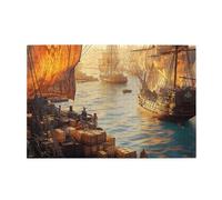 Liorosa Puzzle da 1000 pezzi - Porto dell'età dell'oro, bagliore al tramonto sulle navi mercantili con lavoratori portuali carichi carichi, arte storica del paesaggio marino, goditi il processo di