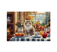 Liorosa Puzzle da 1000 pezzi - Serenità finestra autunnale, gatto curioso tra frutta fresca e tazza da tè floreale, estetica dai colori morbidi, adatto per ricreazione in famiglia, impegnativo