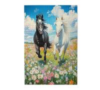 Liorosa Puzzle da 1000 pezzi vibrante balletto al pascolo - cavalli bianchi e neri con criniere fluenti nella valle piena di fiori, puzzle in legno naturale, design vivace, per gli amanti degli