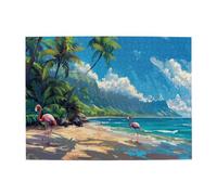 Liorosa Puzzle da 500 pezzi - fenicotteri tropicali paradiso, uccelli rosa e palme da cocco sulla spiaggia dorata, puzzle in legno per adulti con vista sull'oceano, goditi il processo di risoluzione