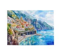 Liorosa Puzzle da 500 pezzi per adulti città costiera mediterranea, arte acquerello vivace villaggio sulla scogliera, mare blu e ponte di pietra, attività divertenti per le vacanze con la famiglia