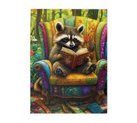 Liorosa Puzzle da 500 pezzi per adulti con procione stravagante che legge sulla sedia dei fiori, scena di foreste vibranti, puzzle in legno per gli amanti dei libri e gli appassionati della natura