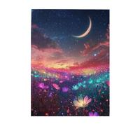 Liorosa Puzzle da 500 pezzi per adulti, fantasia celeste con luna crescente e fiori luminosi, puzzle in legno dai colori vivaci del crepuscolo, per adulti, divertiti a risolvere puzzle con la tua