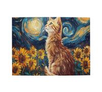 Liorosa Puzzle da 500 pezzi per adulti, gatto stellato, gatto ambrato che guarda i vortici cosmici in mezzo al campo di girasoli dorati, design unico e bello, attività divertenti per le vacanze con la