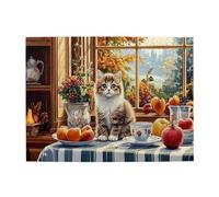 Liorosa Puzzle da 500 pezzi - Serenità finestra autunnale, gatto curioso tra frutta fresca e tazza da tè floreale, estetica dai colori morbidi, adatto per attività ricreative in famiglia, impegnativo