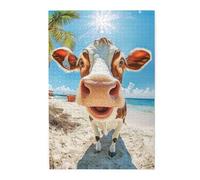 Liorosa Puzzle da spiaggia bovina per adulti 1000 pezzi, mucca curiosa con riva sabbiosa sotto la palma, animale artistico stravagante in legno di alta qualità, design vivace e unico, opere d'arte