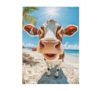 Liorosa Puzzle da spiaggia bovina per adulti 500 pezzi, mucca curiosa con riva sabbiosa sotto la palma, animali d'arte stravagante in legno di alta qualità, design vivace e unico, opere d'arte